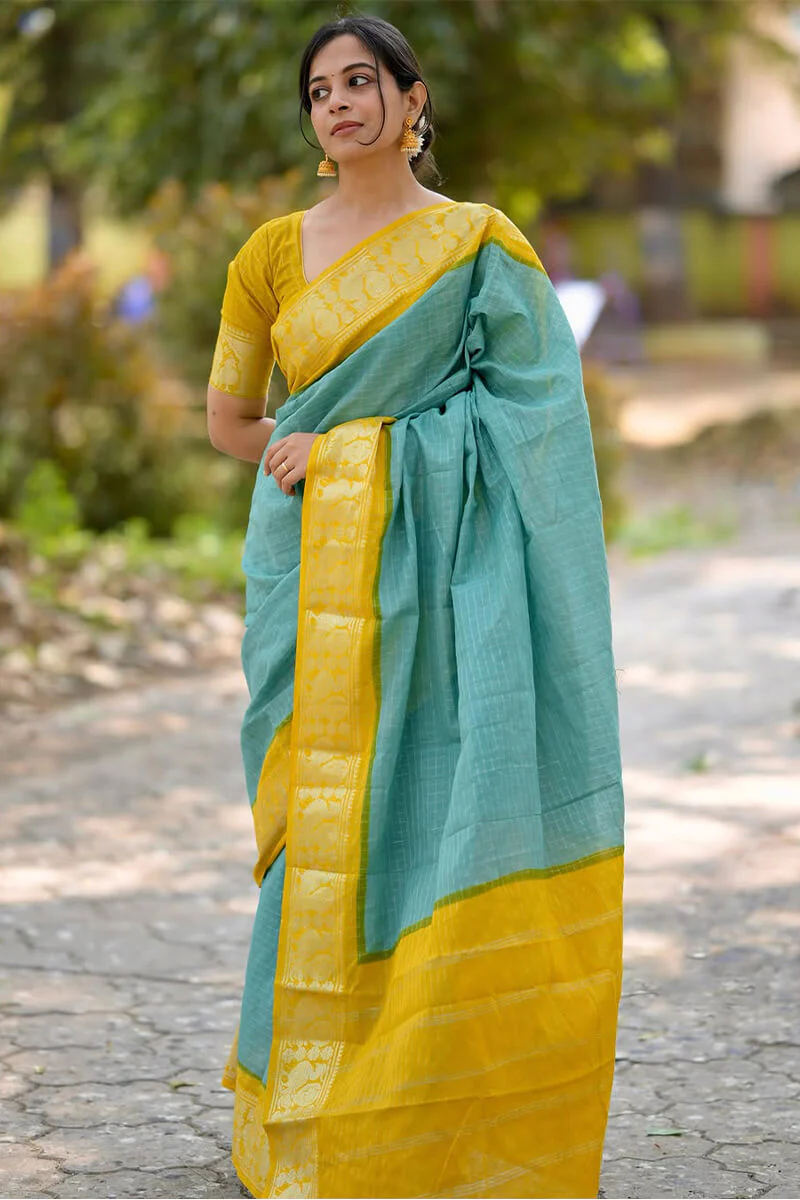 Ebullience Firozi Soft Silk Saree With Artistic Blouse Piece - Image 5
