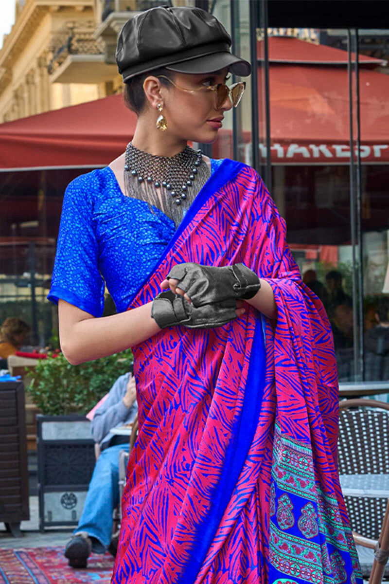 Ebullience Pink and Blue Digital Printed Satin Silk Saree With Imbrication Blouse Piece - Image 2