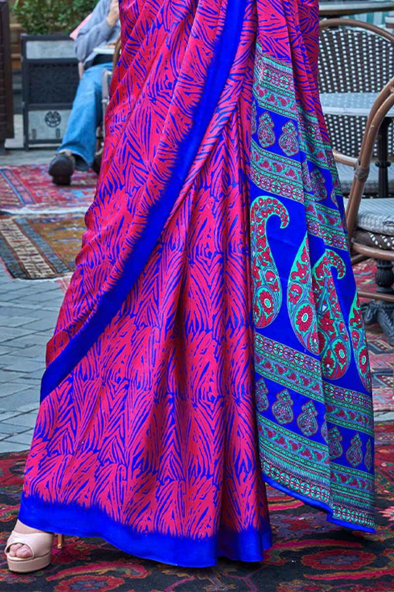 Ebullience Pink and Blue Digital Printed Satin Silk Saree With Imbrication Blouse Piece - Image 3
