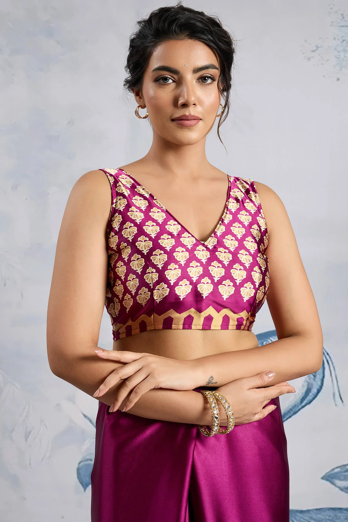 Ebullience Purple Ajrakh Printed Satin Silk Saree With Elaborate Blouse Piece - Image 4