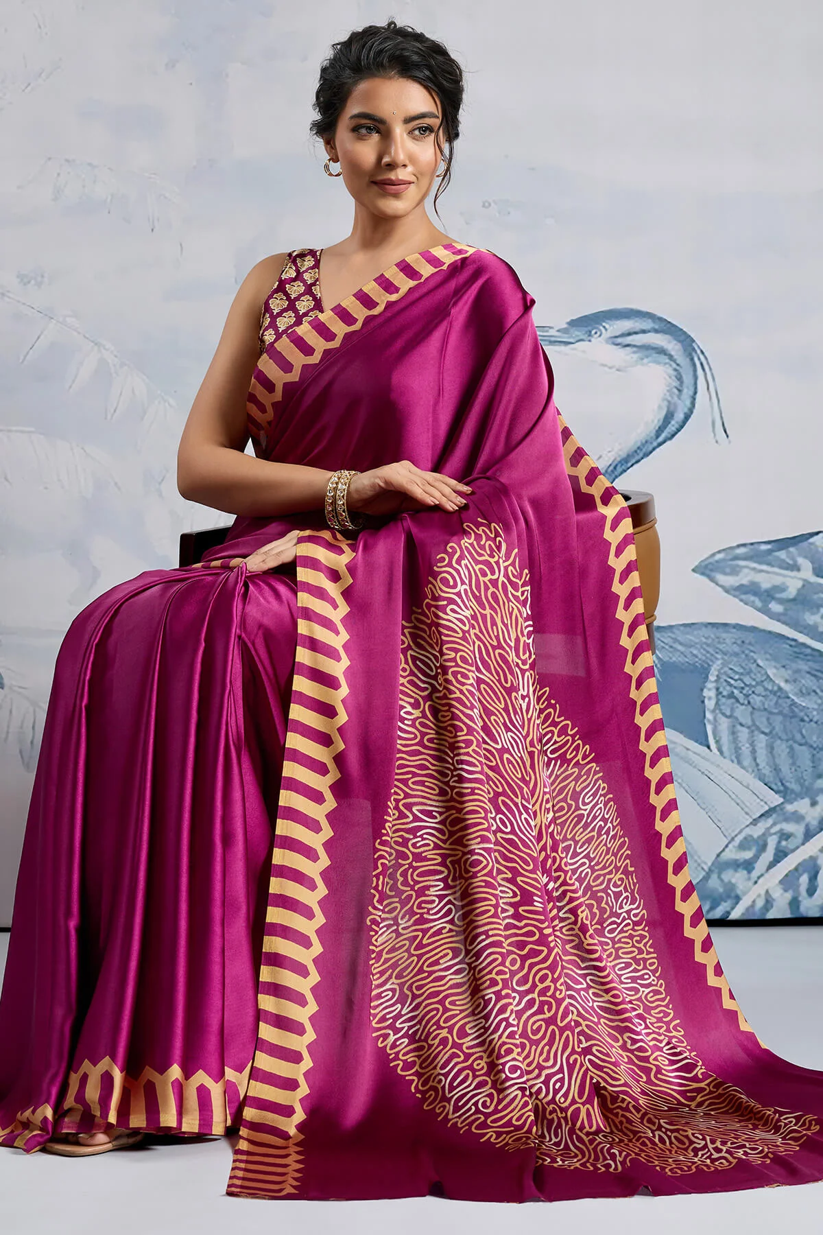 Ebullience Purple Ajrakh Printed Satin Silk Saree With Elaborate Blouse Piece - Image 5