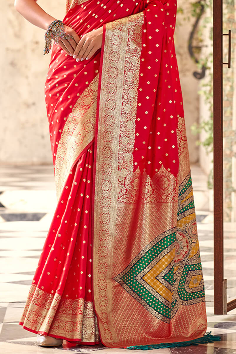 Ebullience Red Soft Banarasi Silk Saree With Unique Blouse Piece - Image 3