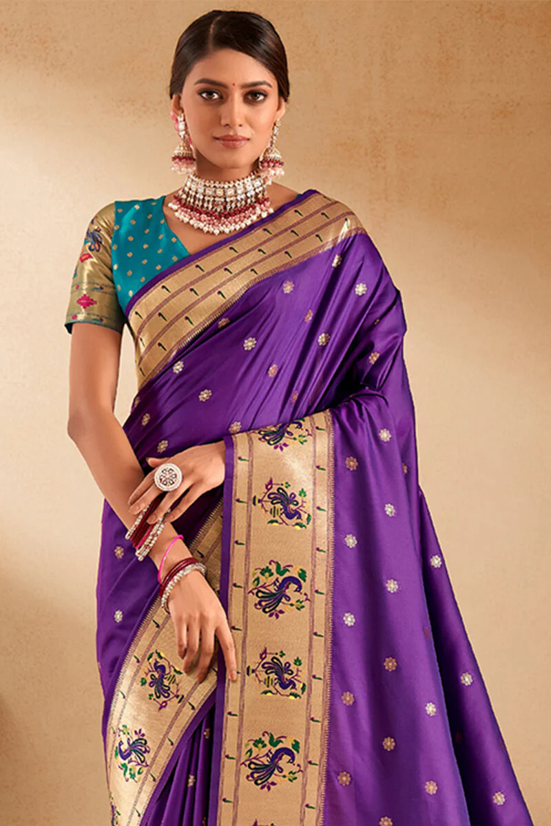 Ebullience Royal Purple Paithani Silk Saree With Dazzling Blouse Piece - Image 2