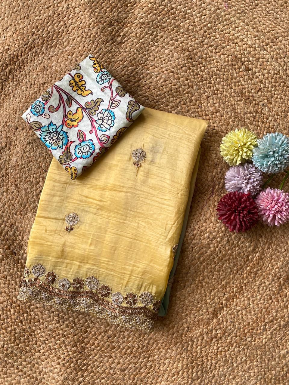 Ebullience Yellow and Firozi Sequence Work Crush Silk Saree With Staring Blouse Piece - Image 2