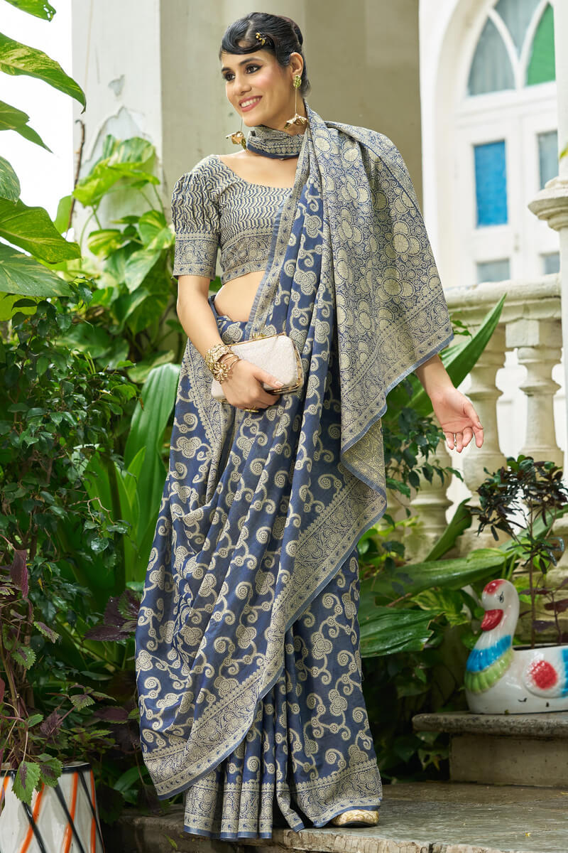 Eclat Blue Lucknowi Silk Saree With Imbrication Blouse Piece - Image 5