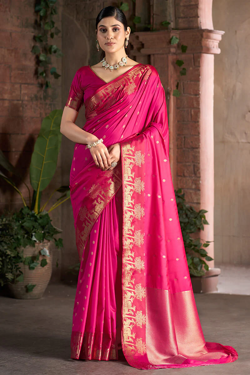 Eclat Dark Pink Pure Zari Weaving Banarasi Silk Saree With Jubilant Blouse Piece