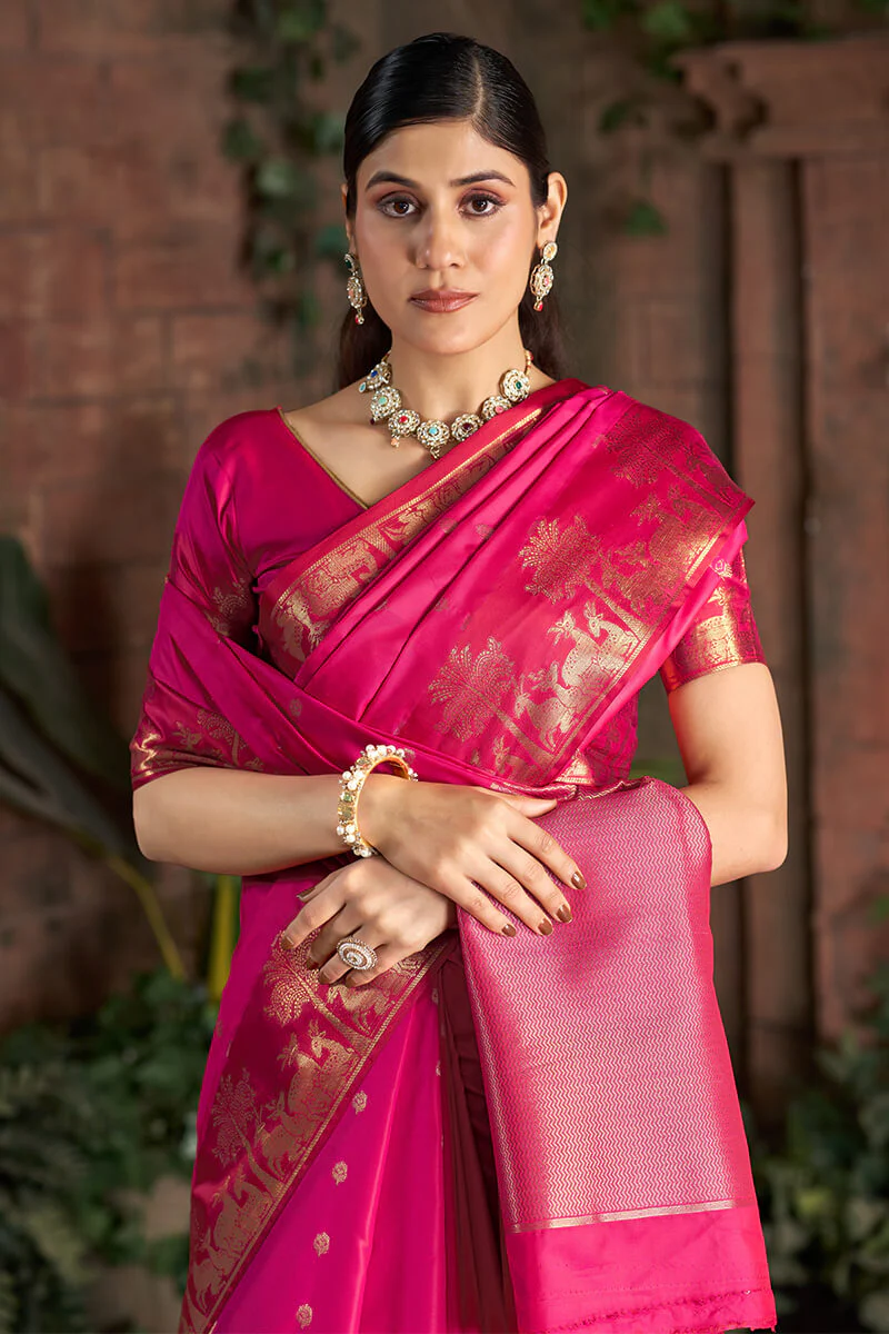 Eclat Dark Pink Pure Zari Weaving Banarasi Silk Saree With Jubilant Blouse Piece - Image 2