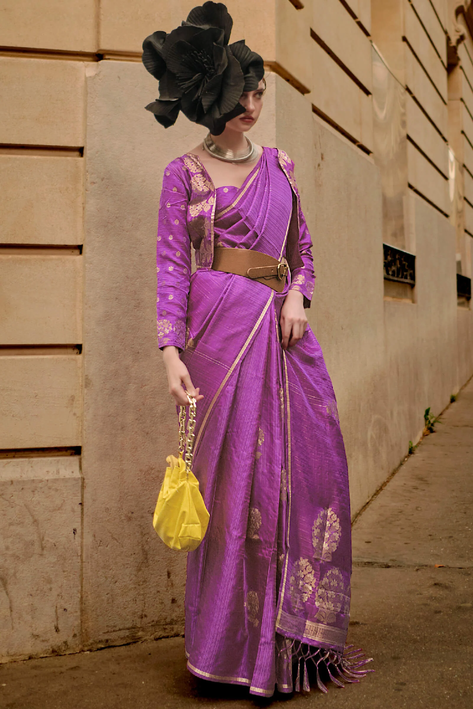 Eclat Lavender Banarasi Satin Silk Saree With Flameboyant Blouse - Image 2