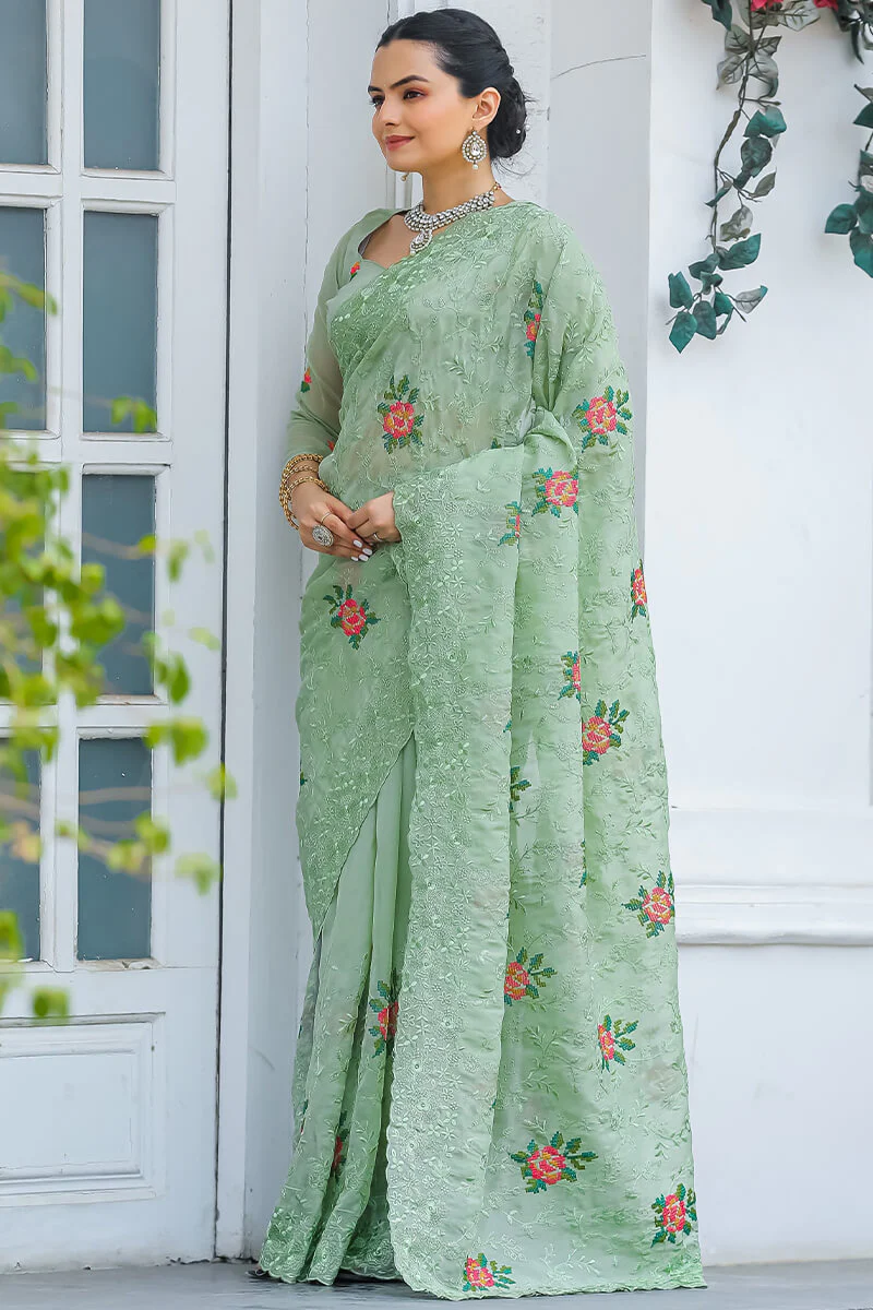 Eclat Pista Embroidery Work Chiffon Silk Saree With Rhapsodic Blouse Piece - Image 3