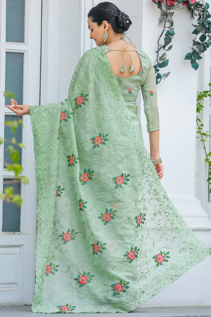Eclat Pista Embroidery Work Chiffon Silk Saree With Rhapsodic Blouse Piece - Image 4