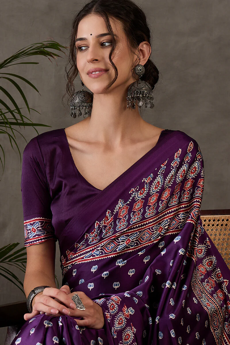 Eclat Purple Ajrakh Printed Semi Modal Silk Saree With Incredible Blouse Piece - Image 2