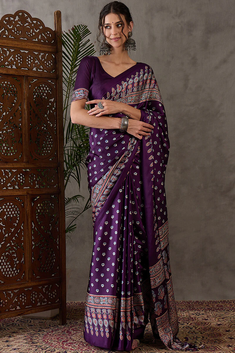 Eclat Purple Ajrakh Printed Semi Modal Silk Saree With Incredible Blouse Piece - Image 4