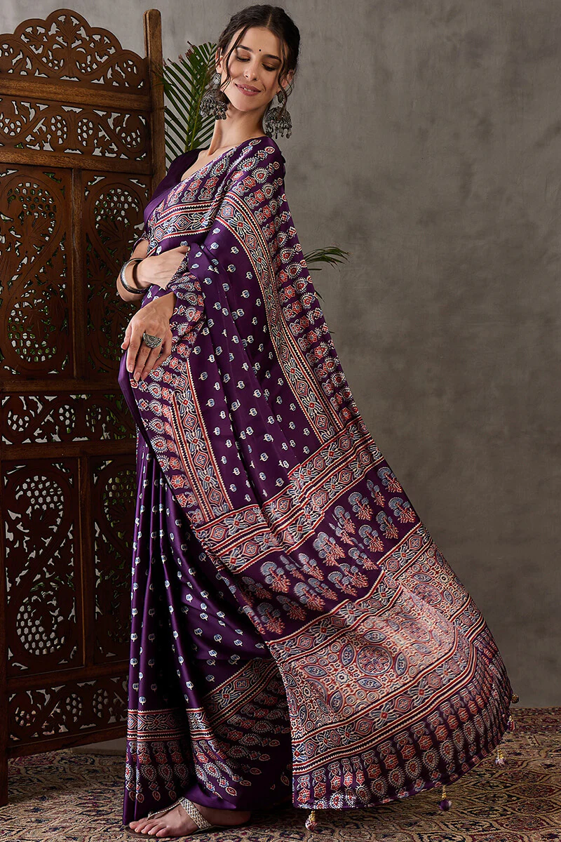 Eclat Purple Ajrakh Printed Semi Modal Silk Saree With Incredible Blouse Piece - Image 6