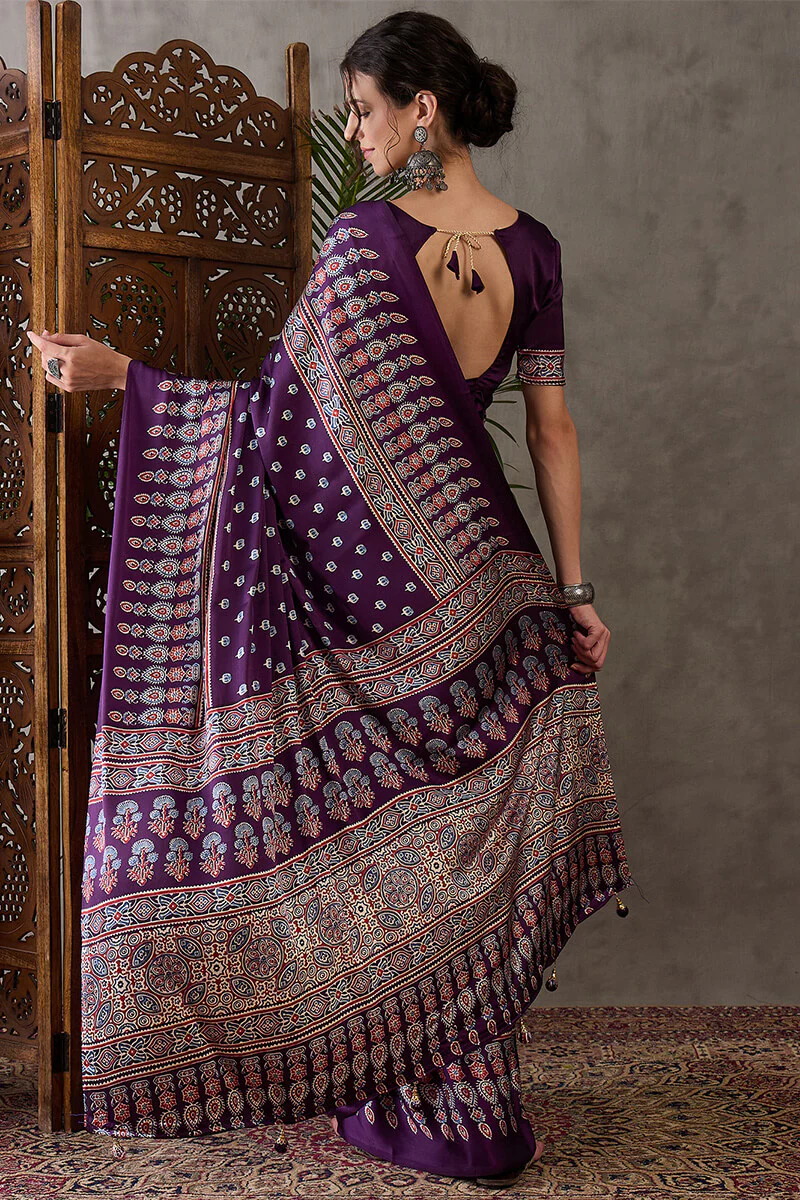 Eclat Purple Ajrakh Printed Semi Modal Silk Saree With Incredible Blouse Piece - Image 7
