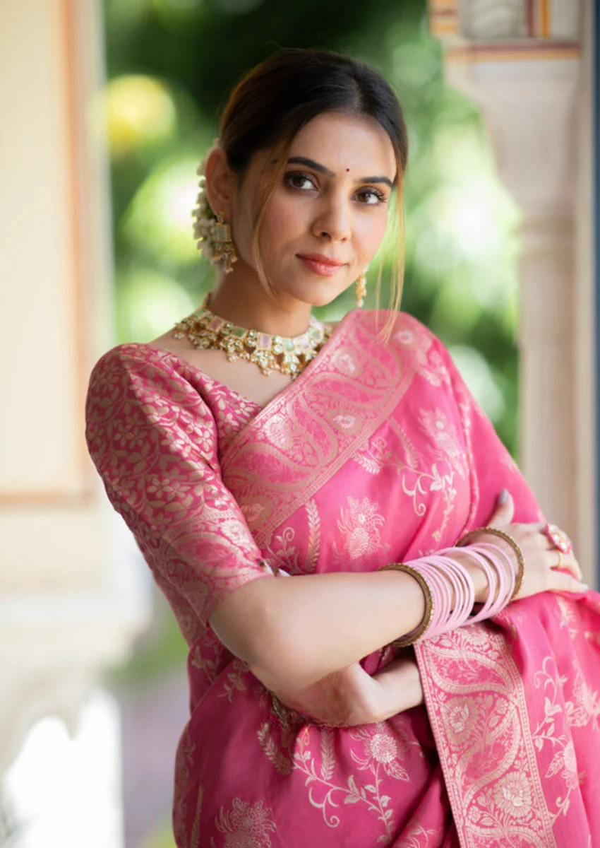 Effervescent Pink Soft Silk Saree With Assemblage Blouse Piece - Image 2