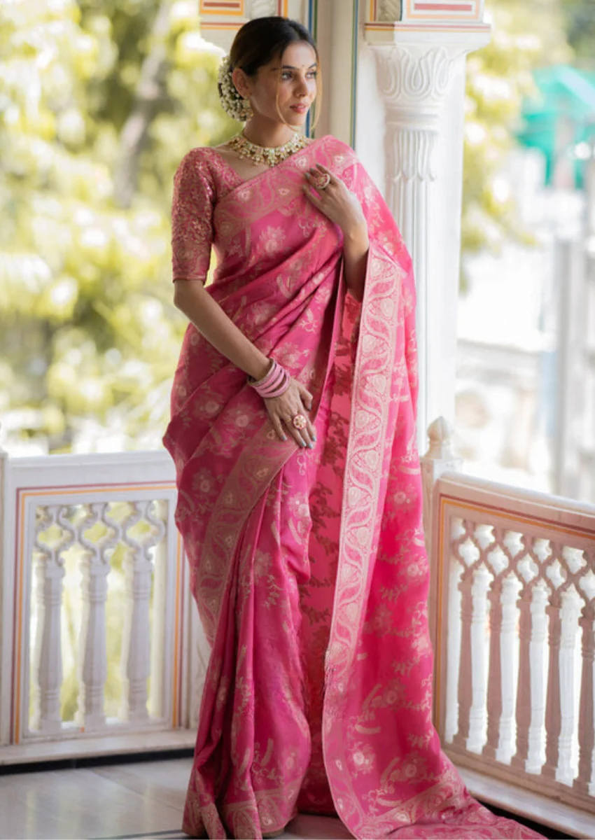 Effervescent Pink Soft Silk Saree With Assemblage Blouse Piece - Image 3