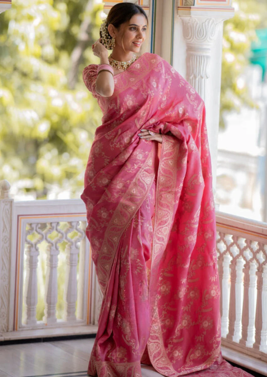 Effervescent Pink Soft Silk Saree With Assemblage Blouse Piece - Image 4