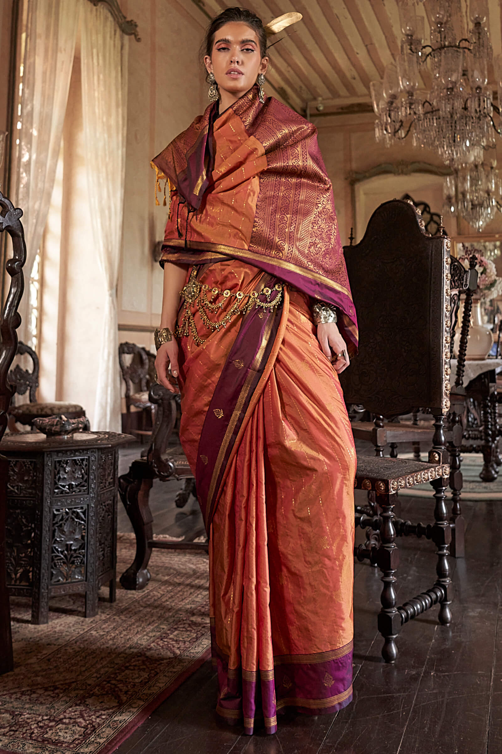 Efflorescence Peach Banarasi Tussar Silk Saree With Seraphic Blouse Piece - Image 3