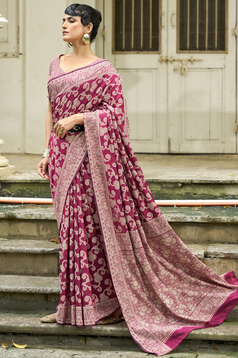 Efflorescence Wine Lucknowi Silk Saree With Sensational Blouse Piece - Image 3