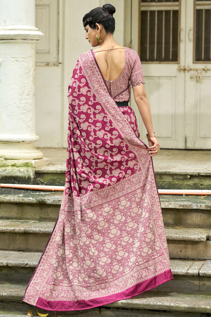 Efflorescence Wine Lucknowi Silk Saree With Sensational Blouse Piece - Image 4