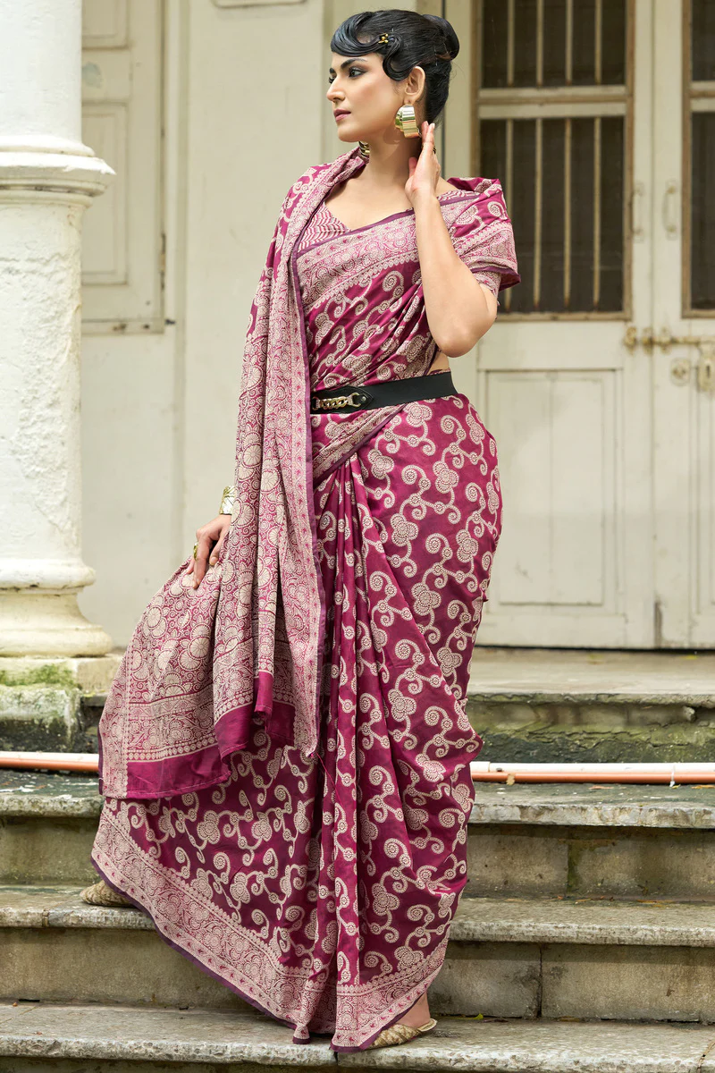 Efflorescence Wine Lucknowi Silk Saree With Sensational Blouse Piece - Image 5