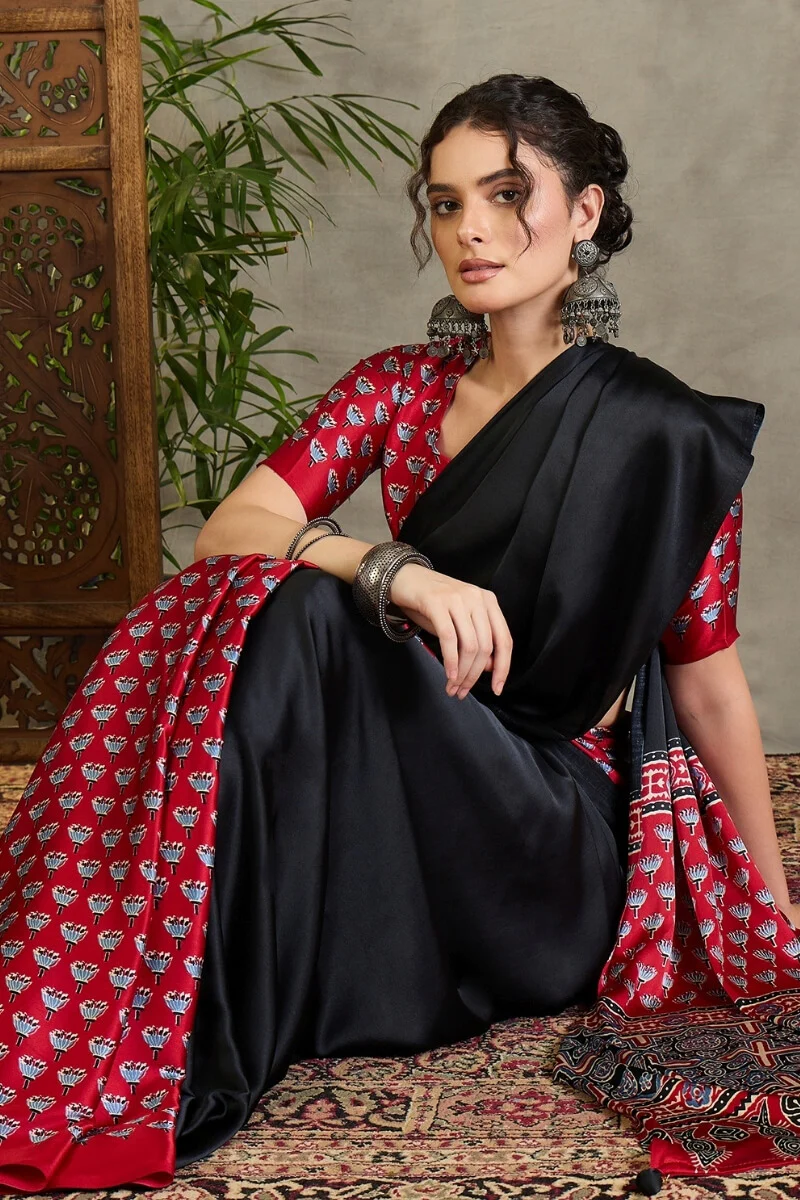 Effulgent Black Ajrakh Printed Semi Modal Silk Saree With Denouement Blouse Piece - Image 2