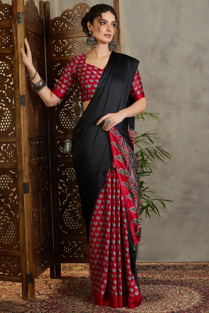 Effulgent Black Ajrakh Printed Semi Modal Silk Saree With Denouement Blouse Piece - Image 3
