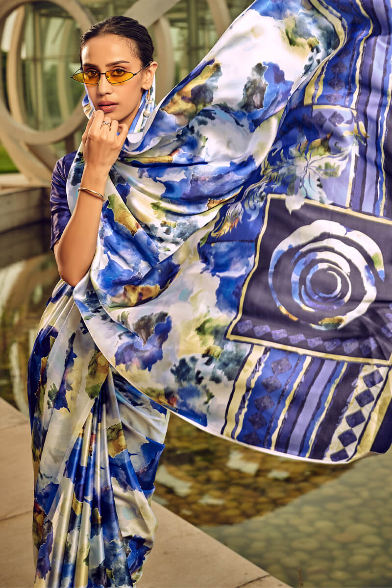 Effulgent Blue Digital Printed Satin Silk Saree With Ineffable Blouse Piece - Image 2