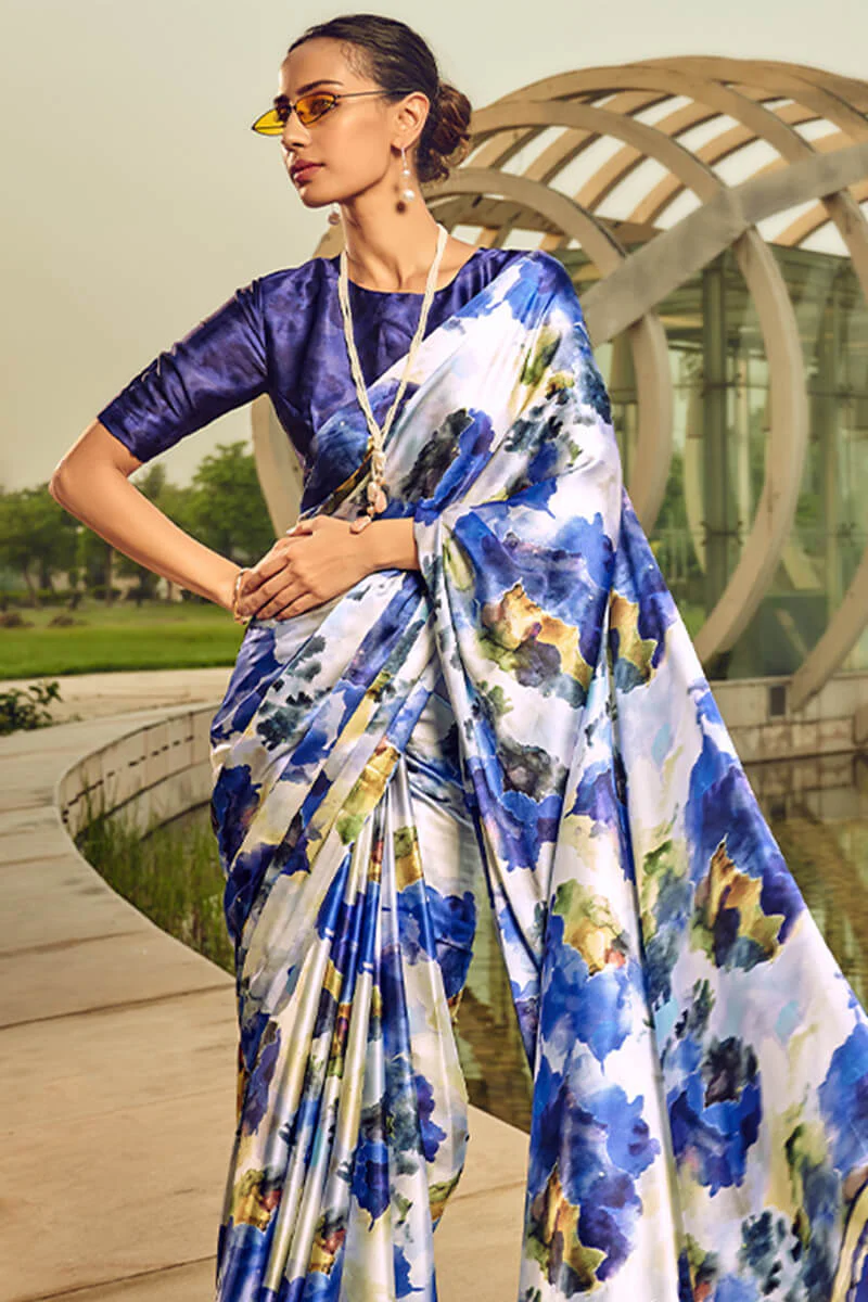 Effulgent Blue Digital Printed Satin Silk Saree With Ineffable Blouse Piece - Image 3