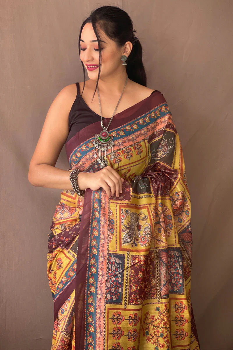 Effulgent Mustard Kalamkari Printed Saree With Ornate Blouse Piece - Image 2