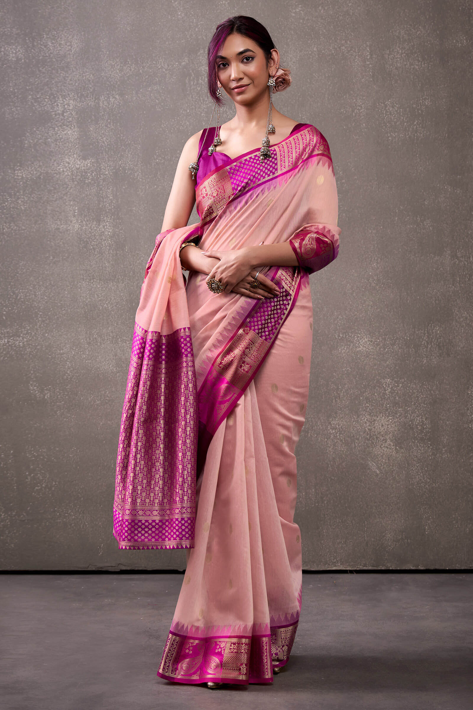Effulgent Pink Cotton Silk Saree With Lustrous Blouse Piece - Image 3