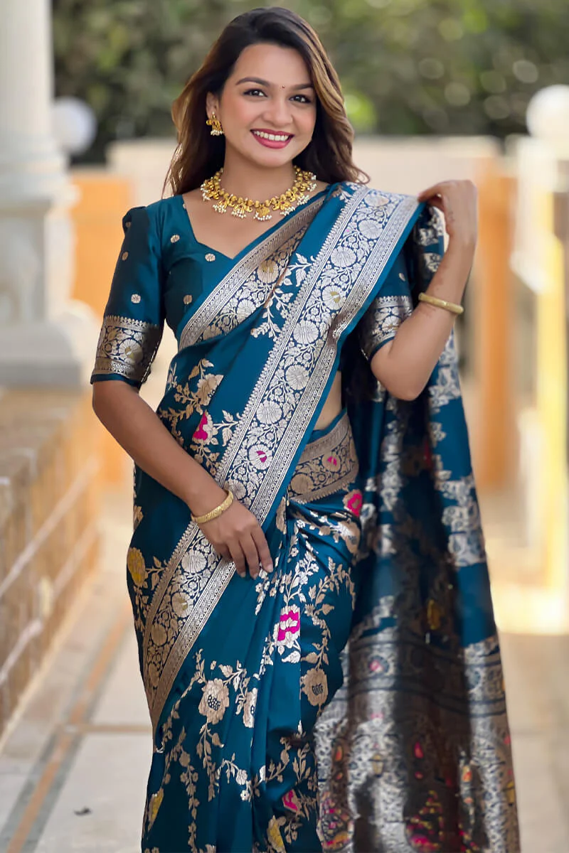 Effulgent Teal Blue Soft Banarasi Silk Saree With Embellished Blouse Piece - Image 2