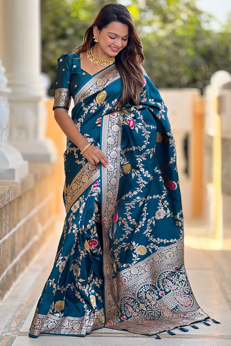 Effulgent Teal Blue Soft Banarasi Silk Saree With Embellished Blouse Piece - Image 3
