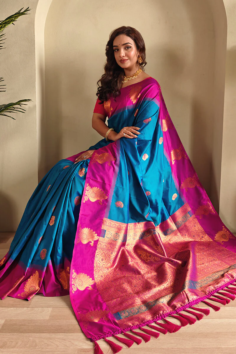 Elaborate Blue Soft Banarasi Silk Saree With Winsome Blouse Piece - Image 2