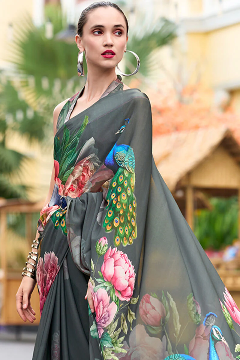 Elaborate Grey Digital Printed Georgette Saree With Supernal Blouse Piece - Image 3