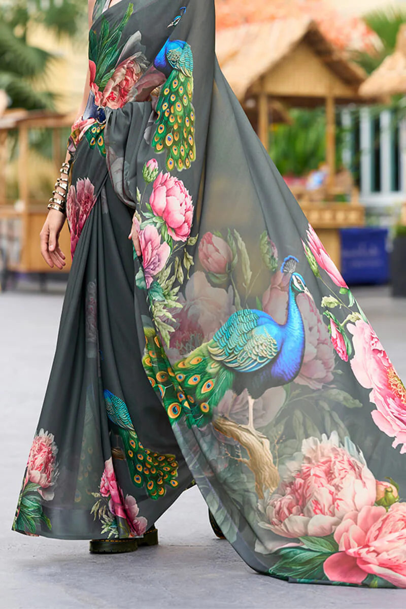 Elaborate Grey Digital Printed Georgette Saree With Supernal Blouse Piece - Image 4