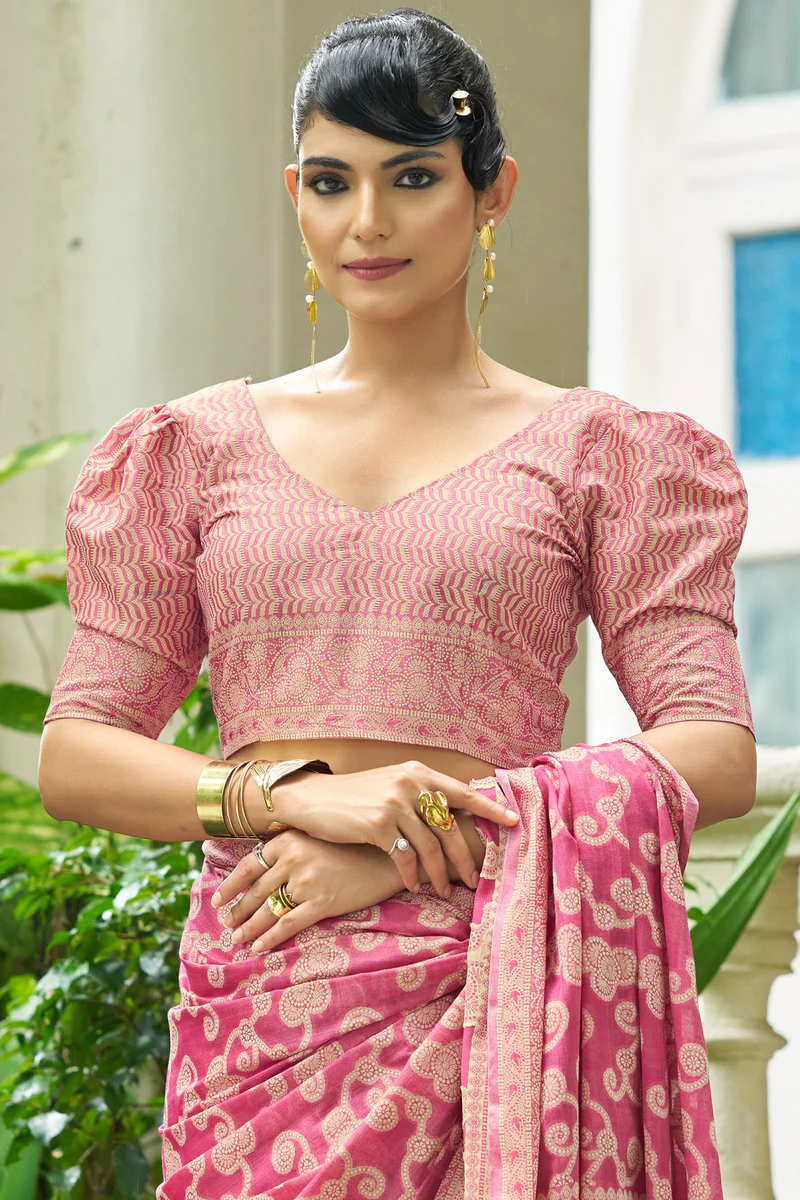 Elaborate Pink Lucknowi Silk Saree With Splendiferous Blouse Piece - Image 6