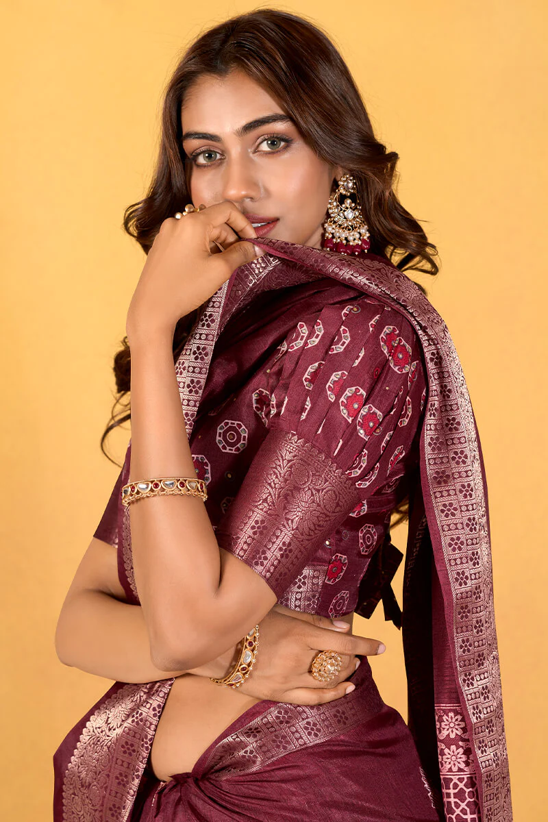 Elaborate Wine Foil Printed Dola Silk Saree With Unequalled Blouse Piece - Image 2