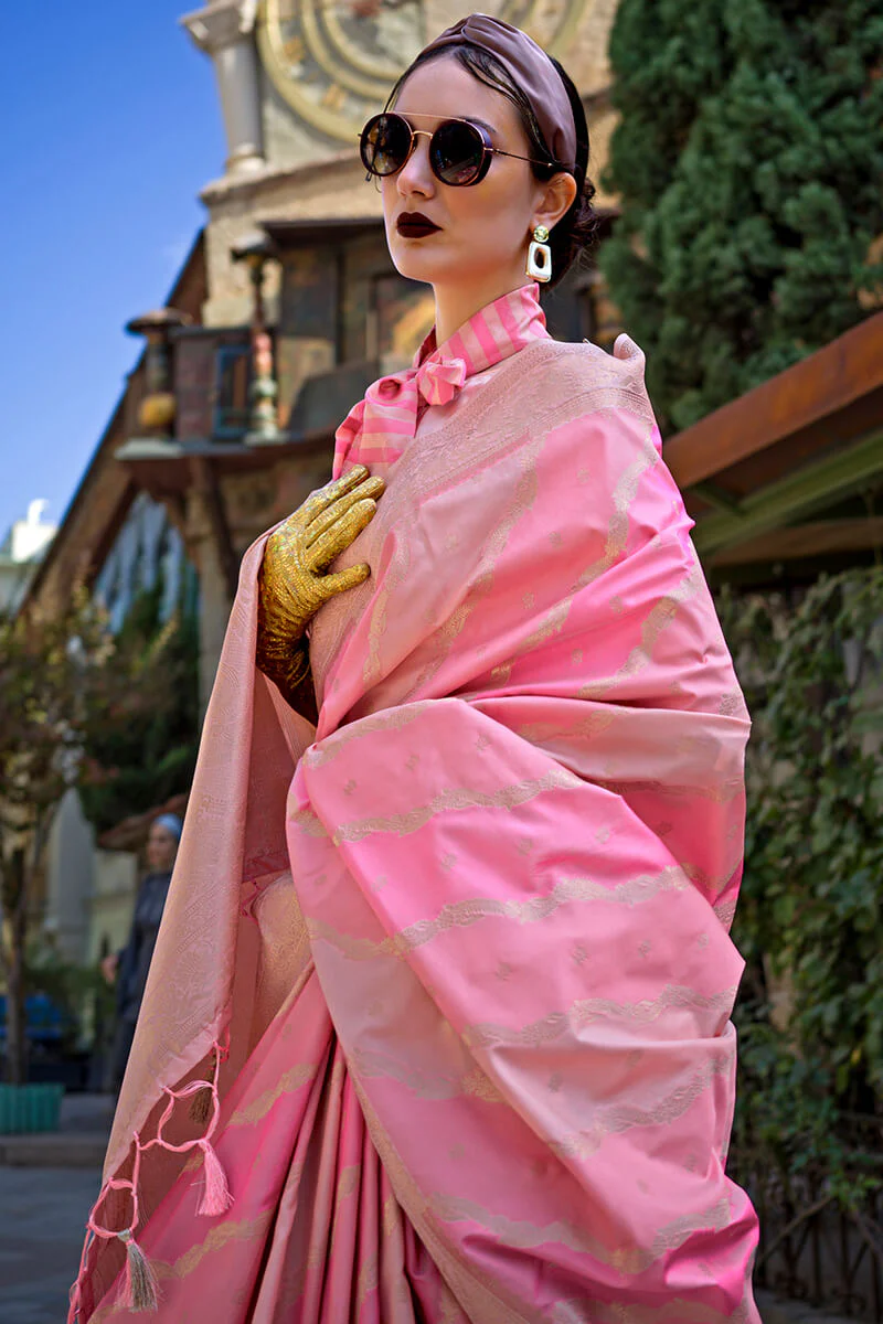 Elegant Baby Pink Soft Banarasi Silk Saree With Jazzy Blouse Piece - Image 2