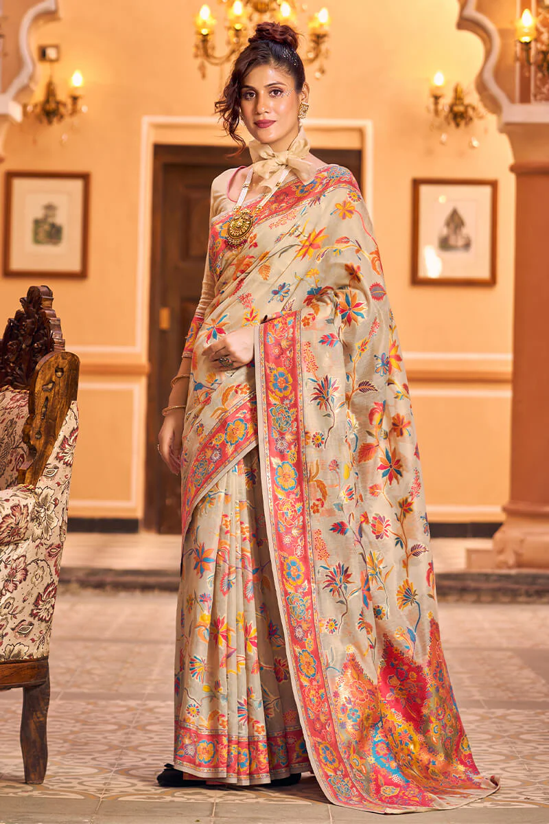 Elegant Beige Linen Silk Saree With Surpassing Blouse Piece - Image 6
