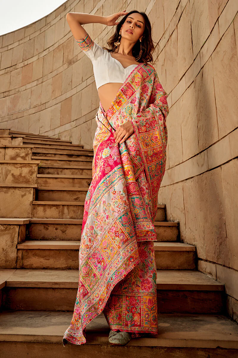 Elegant Beige Pashmina Saree With Adorning Blouse Piece - Image 3
