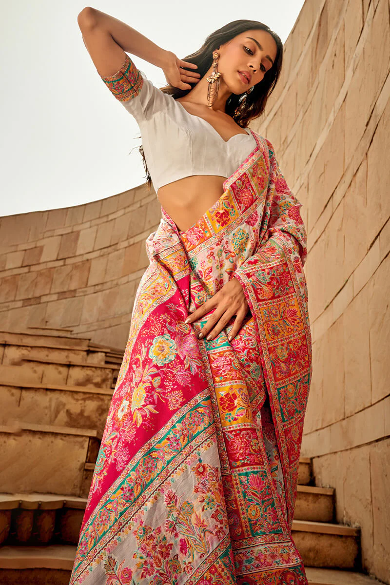 Elegant Beige Pashmina Saree With Adorning Blouse Piece - Image 4