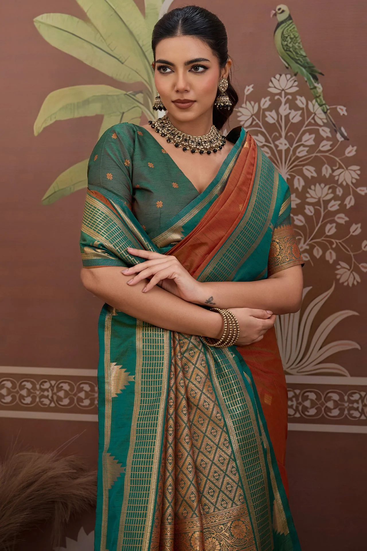 Elegant Brown Banarasi Tussar Silk Saree With Ineffable Blouse Piece - Image 2