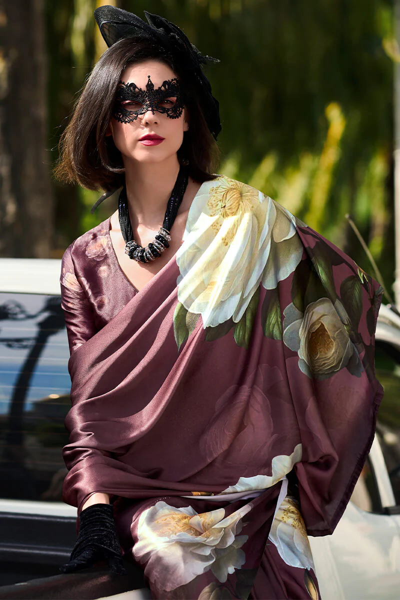 Elegant Brown Digital Printed Satin Silk Saree With Sophisticated Blouse Piece - Image 2