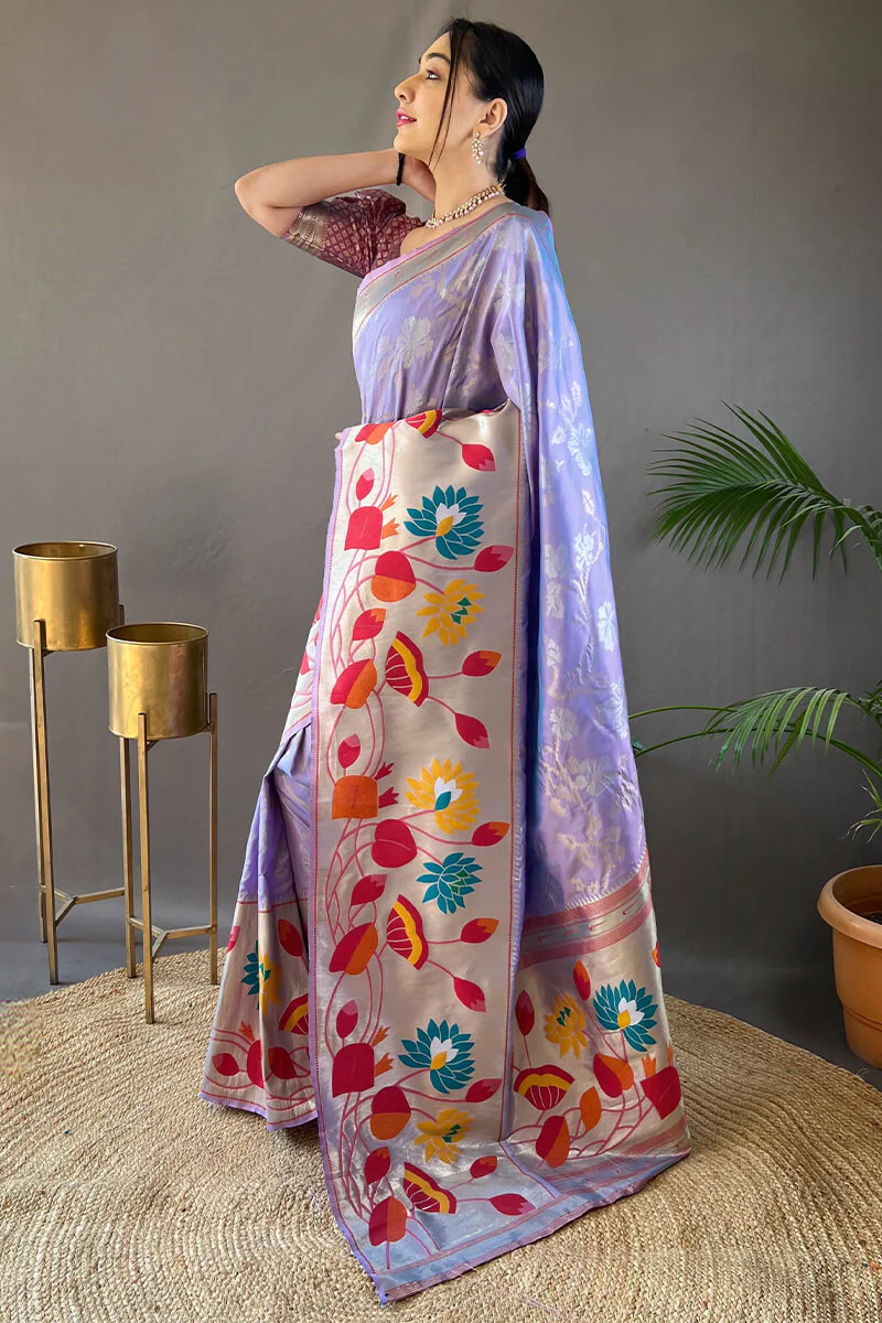 Elegant Lavender Paithani Silk Saree With Gleaming Blouse Piece - Image 3