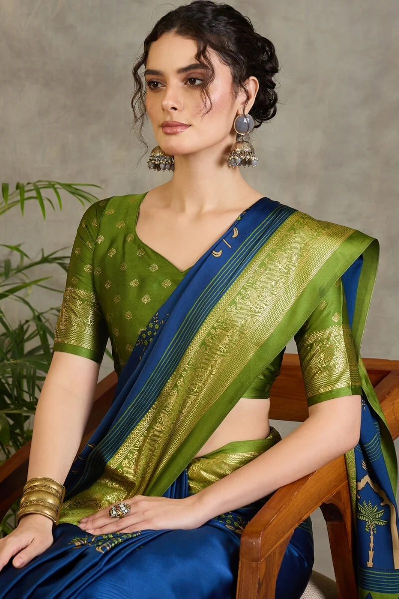 Elegant Navy Blue Ajrakh Printed Semi Modal Silk Saree With Exemplary Blouse Piece - Image 2