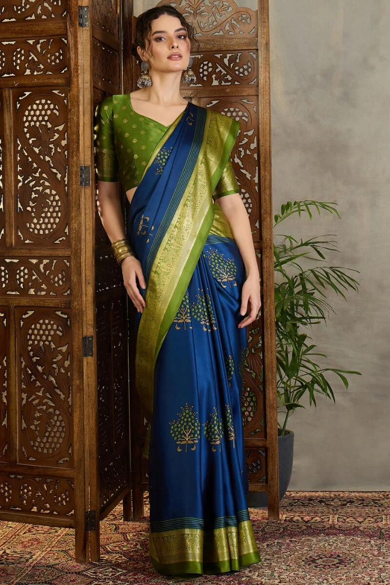Elegant Navy Blue Ajrakh Printed Semi Modal Silk Saree With Exemplary Blouse Piece - Image 3