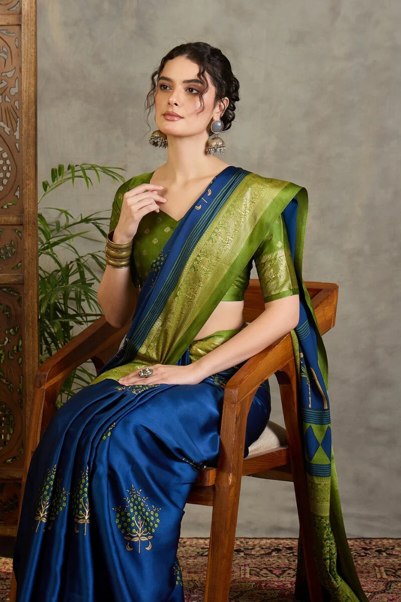 Elegant Navy Blue Ajrakh Printed Semi Modal Silk Saree With Exemplary Blouse Piece - Image 4
