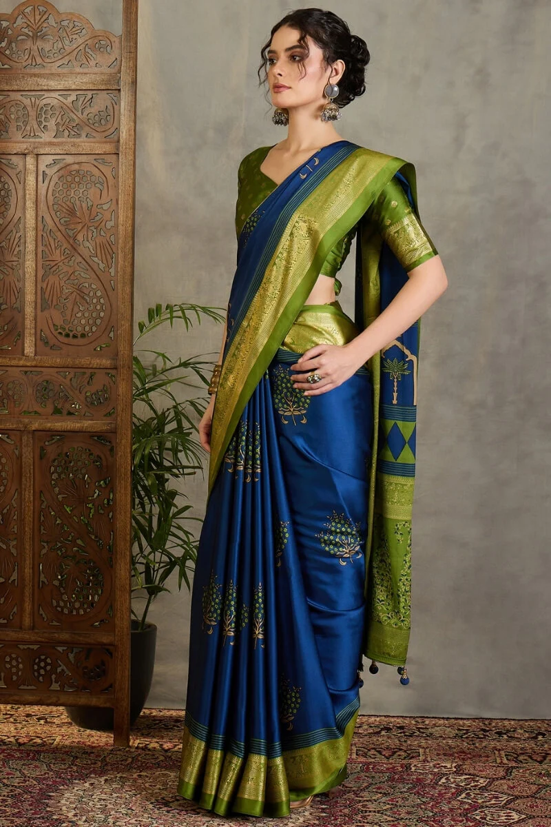 Elegant Navy Blue Ajrakh Printed Semi Modal Silk Saree With Exemplary Blouse Piece - Image 5