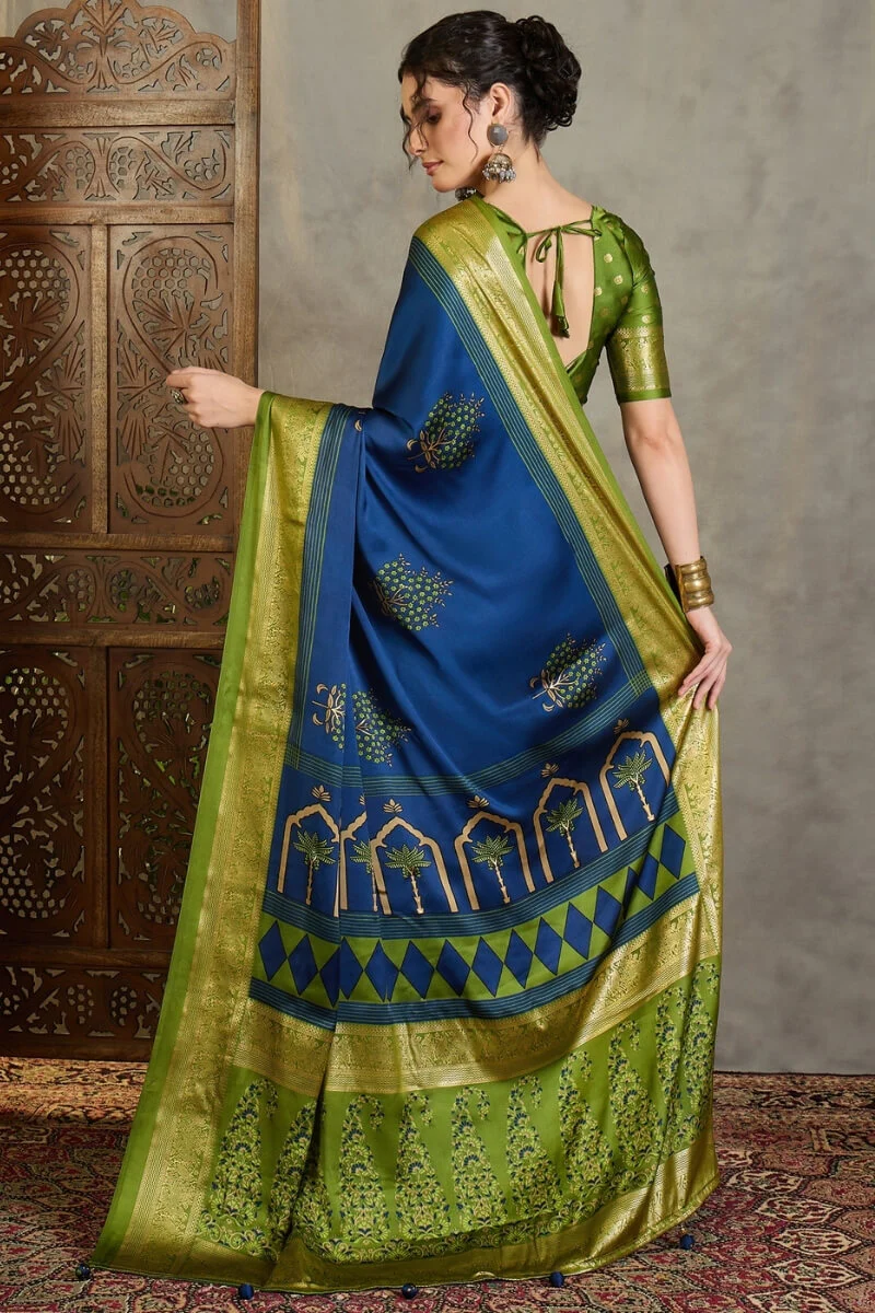 Elegant Navy Blue Ajrakh Printed Semi Modal Silk Saree With Exemplary Blouse Piece - Image 7